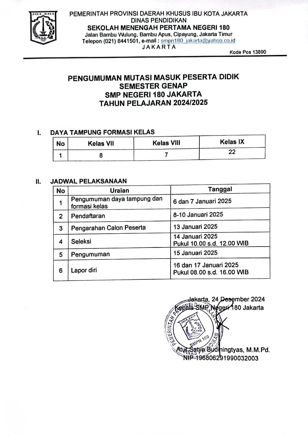 JADWAL PENGUMUMAN MUTASI MASUK PESERTA DIDIK SEMESTER GENAP TP. 2024/2025